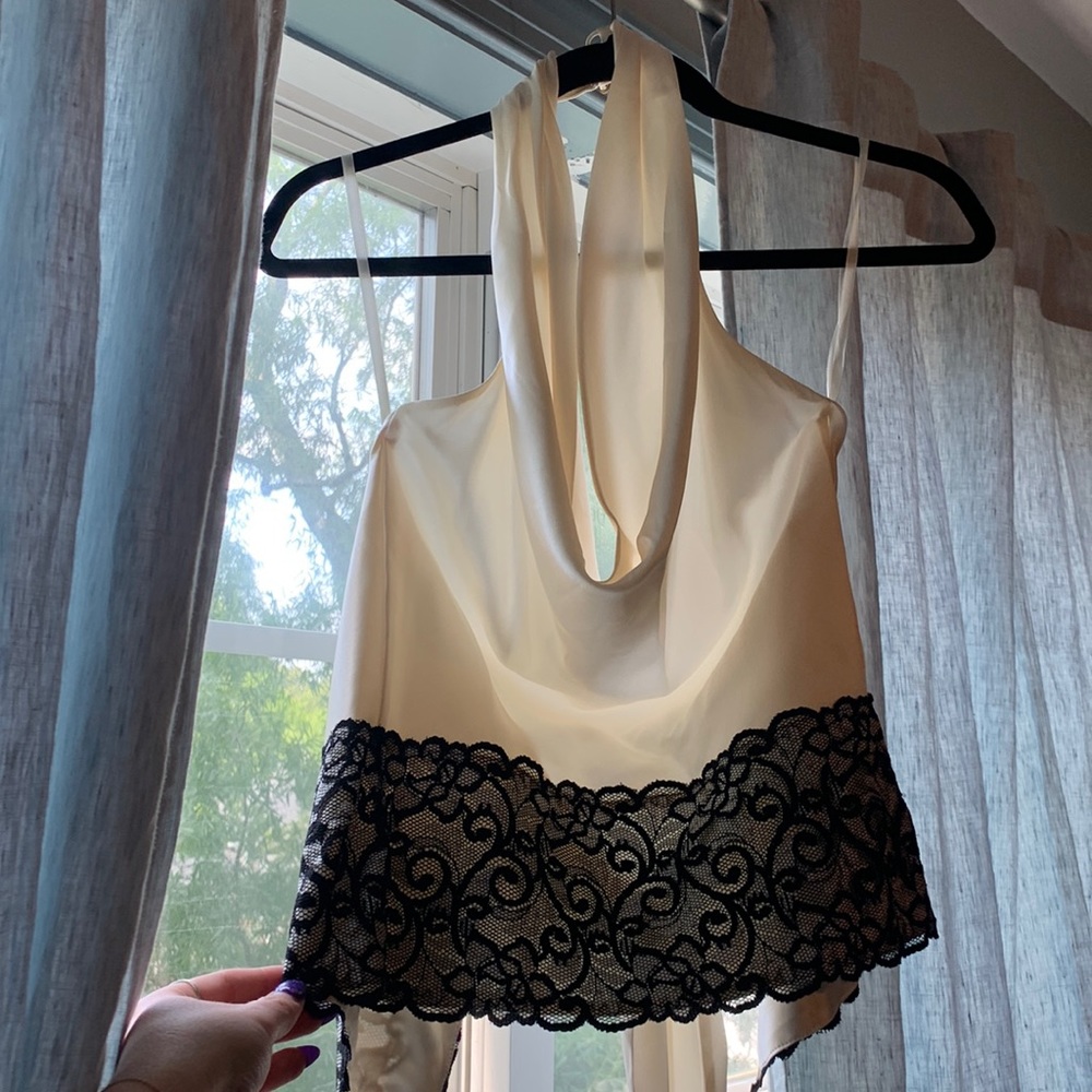 “White House Black Market” Cream Silk & Black Lace Top